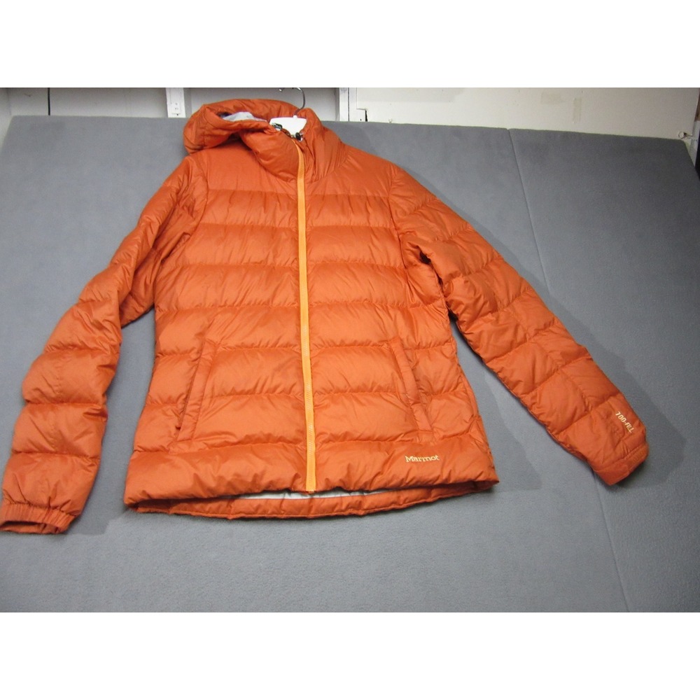Marmot Jacket Womens Large Orange Down Puffer 700 Fill Hoodie Guides Outdoor